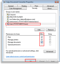 Insert a check under the Allow column for Print, Manage this printer, and Manage documents.