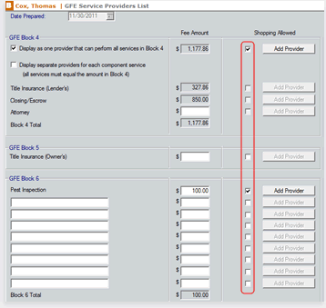 Check the checkbox in the Shopping Allowed section if the borrower can shop for any of the services in block 4 and it will enable the Add Provider button.